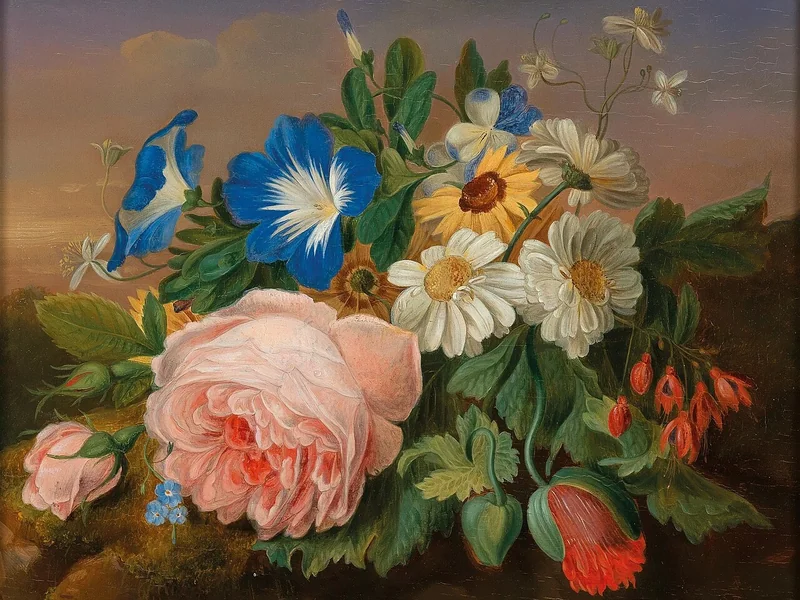 1811-Cornelis Johannes van Hulstijn - Natura morta con rose e margherite